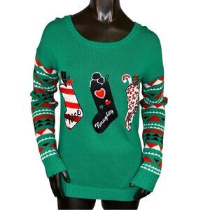 With Love Derek Ugly Christmas Sweater Womens Size Large w Christmas Stockings